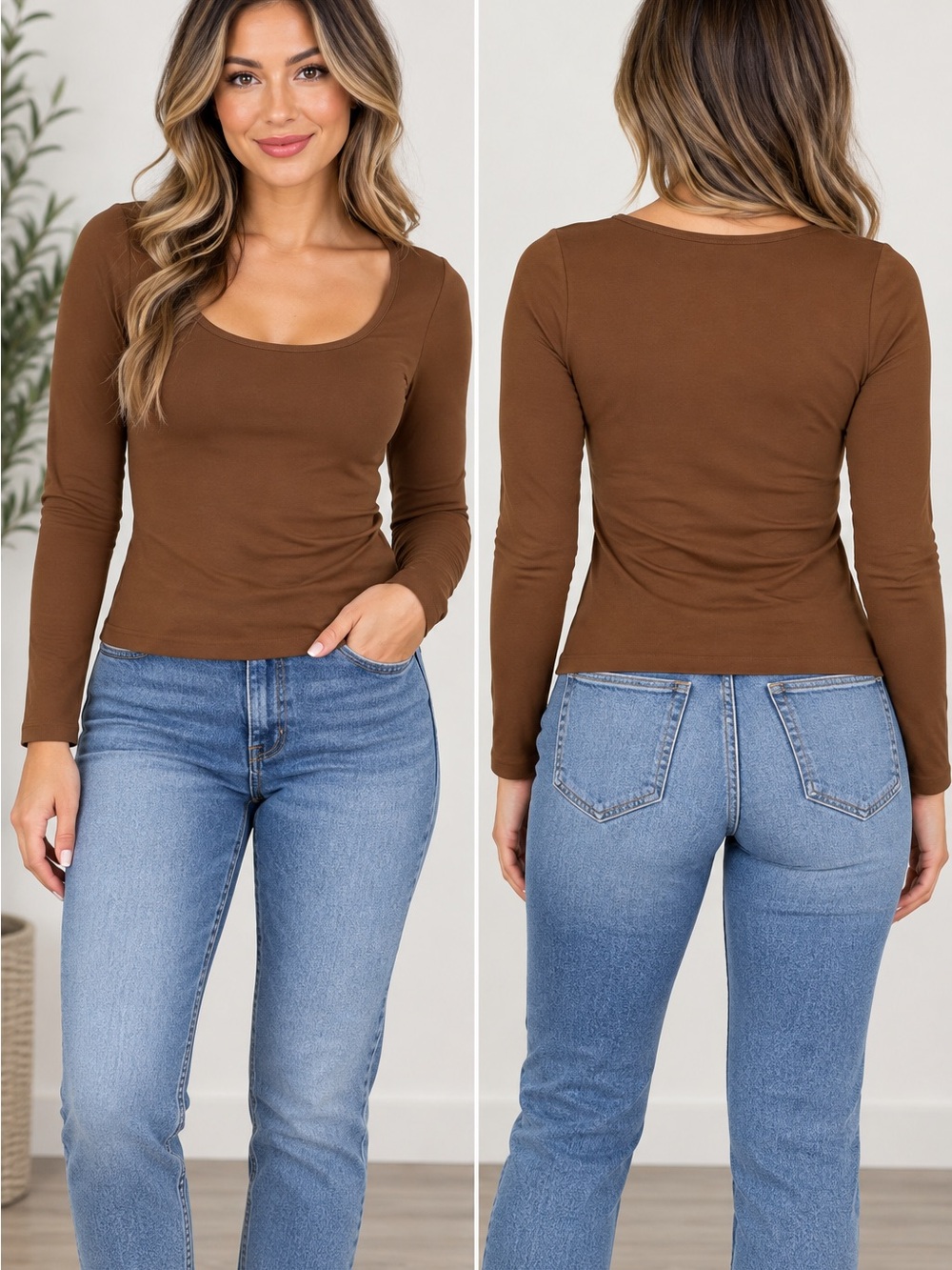 OQQ Women’s Seamless Long Sleeve Scoop Neck Fitted Top Brown Size M